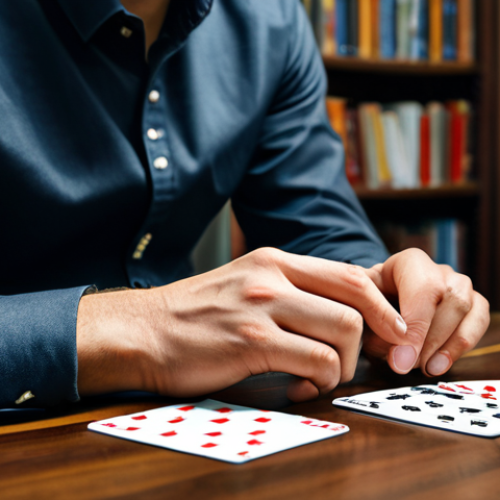 A focused magician, fully clothed in professional, modest attire, is practicing a card trick at a neat wooden desk in a well-lit study. Their hands are meticulously handling a deck of playing cards, demonstrating concentration and dedication. The background features a blurred bookshelf, suggesting a quiet learning environment. Perfect anatomy, correct proportions, natural pose, well-formed hands, proper finger count. Professional photography, high quality, safe for work, appropriate content, family-friendly.