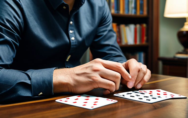 A focused magician, fully clothed in professional, modest attire, is practicing a card trick at a neat wooden desk in a well-lit study. Their hands are meticulously handling a deck of playing cards, demonstrating concentration and dedication. The background features a blurred bookshelf, suggesting a quiet learning environment. Perfect anatomy, correct proportions, natural pose, well-formed hands, proper finger count. Professional photography, high quality, safe for work, appropriate content, family-friendly.