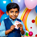 **

"A young, fully clothed Bengali child, eyes wide with wonder, watching a magician perform a card trick at a children's party, modest clothing, bright colorful setting, balloons and decorations, safe for work, appropriate content, perfect anatomy, natural proportions, professional illustration, family-friendly, high quality, clear details."

**