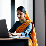 ** A professional businesswoman in a modest sari, working on a laptop at a bright, modern co-working space, fully clothed, appropriate attire, safe for work, perfect anatomy, natural proportions, professional photography, high quality, family-friendly.

**