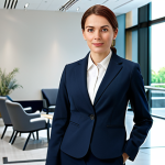 ** A professional businesswoman in a modest business suit, standing confidently in a modern office lobby, fully clothed, appropriate attire, safe for work, perfect anatomy, natural proportions, professional photography, high quality, family-friendly.

**