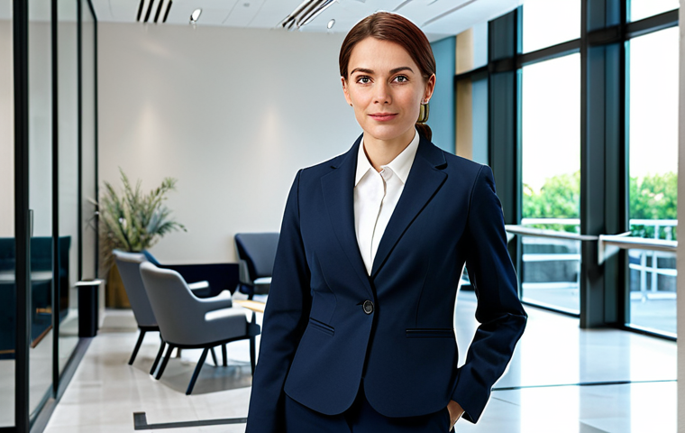 ** A professional businesswoman in a modest business suit, standing confidently in a modern office lobby, fully clothed, appropriate attire, safe for work, perfect anatomy, natural proportions, professional photography, high quality, family-friendly.
**