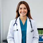 **

"A professional female doctor in a fully clothed, modest white lab coat, stethoscope around her neck, smiling warmly in a modern, bright hospital office, appropriate attire, safe for work, perfect anatomy, correct proportions, well-formed hands, proper finger count, natural body proportions, family-friendly, high-resolution, professional photography."

**