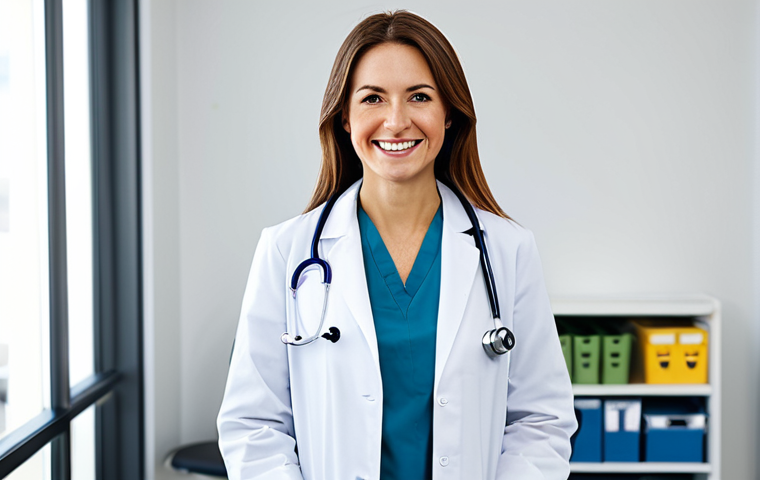 **

"A professional female doctor in a fully clothed, modest white lab coat, stethoscope around her neck, smiling warmly in a modern, bright hospital office, appropriate attire, safe for work, perfect anatomy, correct proportions, well-formed hands, proper finger count, natural body proportions, family-friendly, high-resolution, professional photography."

**