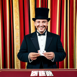 **

"A magician, fully clothed in traditional attire, performing a card trick on a small stage. The magician is smiling, with a deck of cards in hand. Background includes a simple, colorful curtain. Safe for work, appropriate content, family-friendly, perfect anatomy, natural proportions, professional photo, high quality."

**
