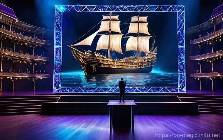 마술 공연에서의 무대효과 - **Prompt 1: Holographic Stage Illusion**
"A grand stage set for a modern magic show. In the cent...