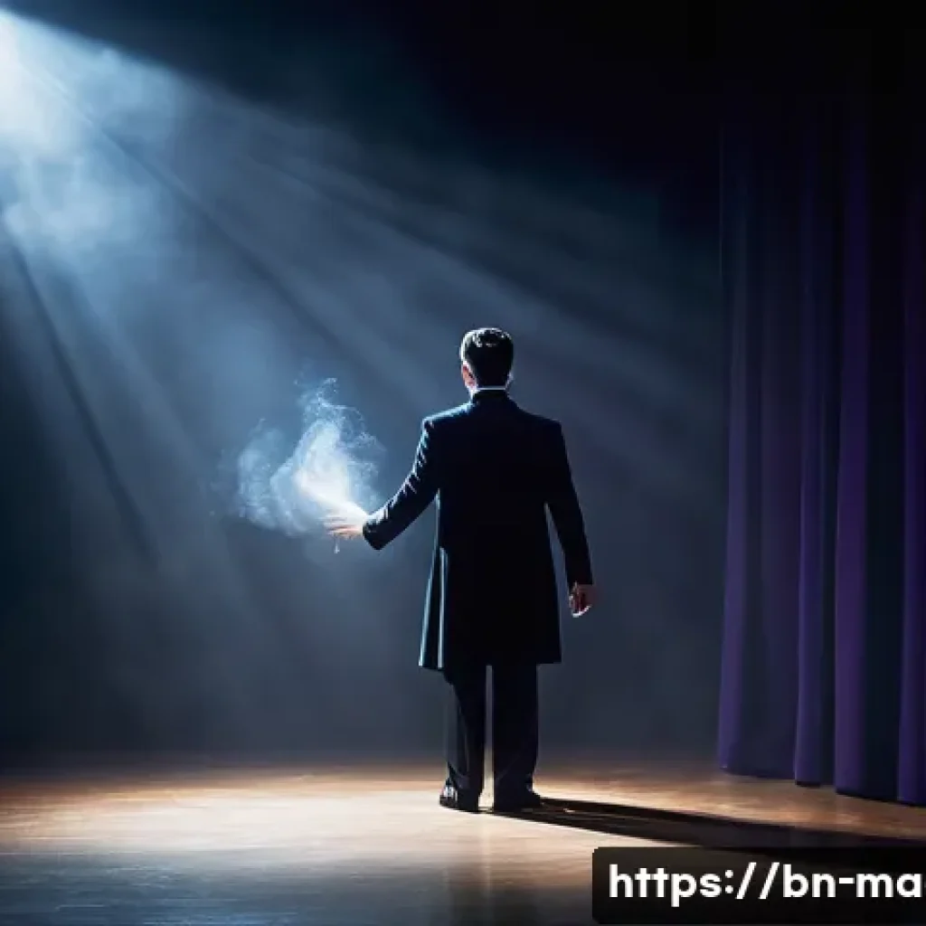 마술을 위한 음악과 조명 - **Prompt:** A male magician, dressed in a stylish, dark suit, performs a captivating vanishing act o...