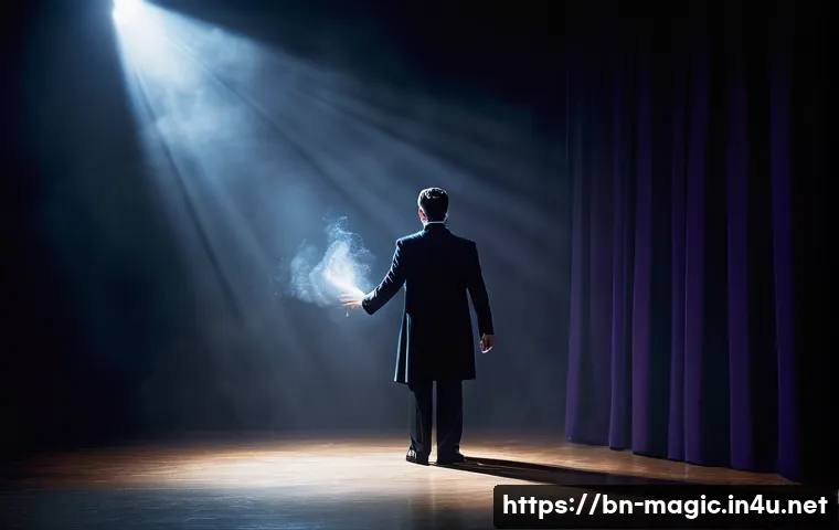 마술을 위한 음악과 조명 - **Prompt:** A male magician, dressed in a stylish, dark suit, performs a captivating vanishing act o...