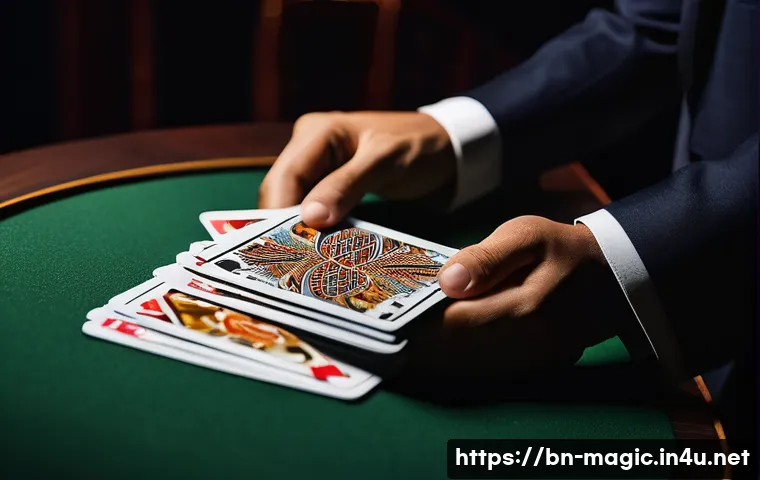 마술 전문점 - A detailed close-up of a magician’s hand skillfully performing a lever card trick, featuring a vibra...