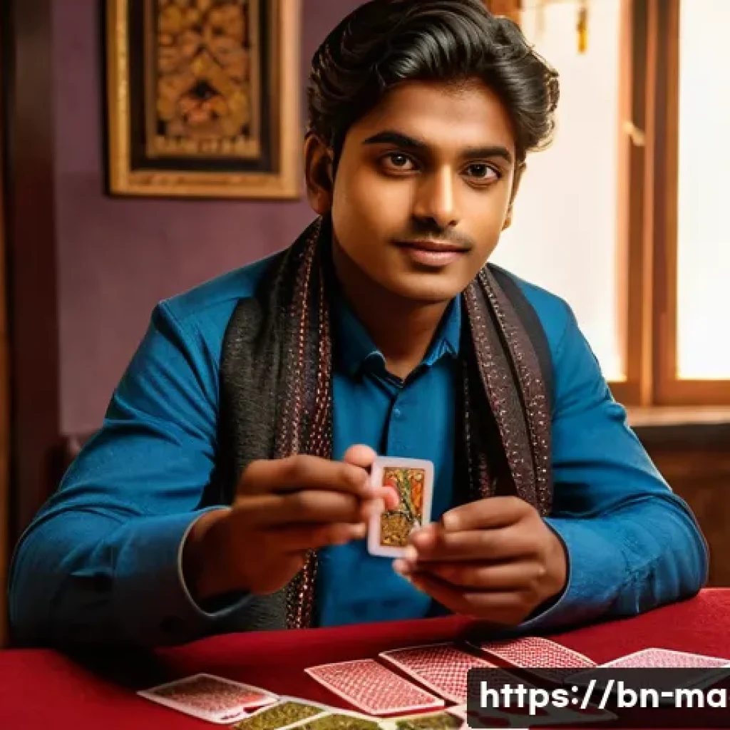 마술사 인터뷰 - A young Bengali magician practicing card tricks at home, wearing casual clothes and surrounded by ma...