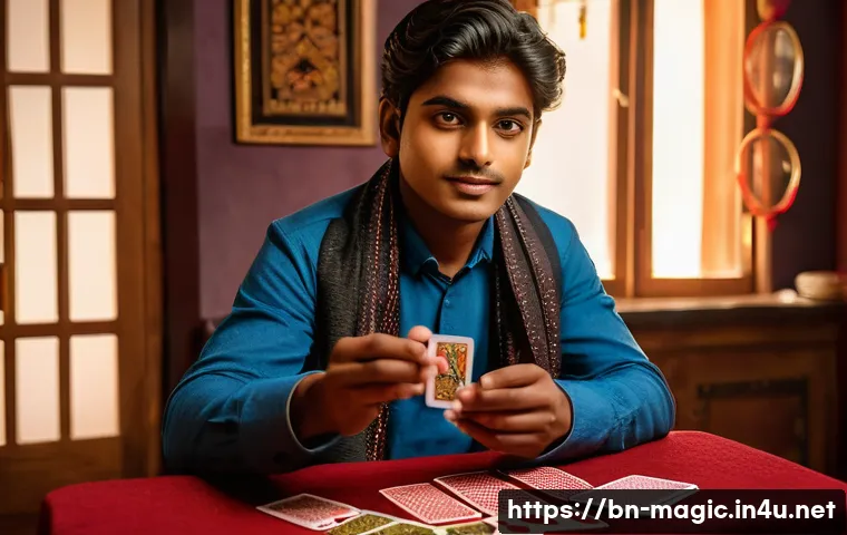 마술사 인터뷰 - A young Bengali magician practicing card tricks at home, wearing casual clothes and surrounded by ma...