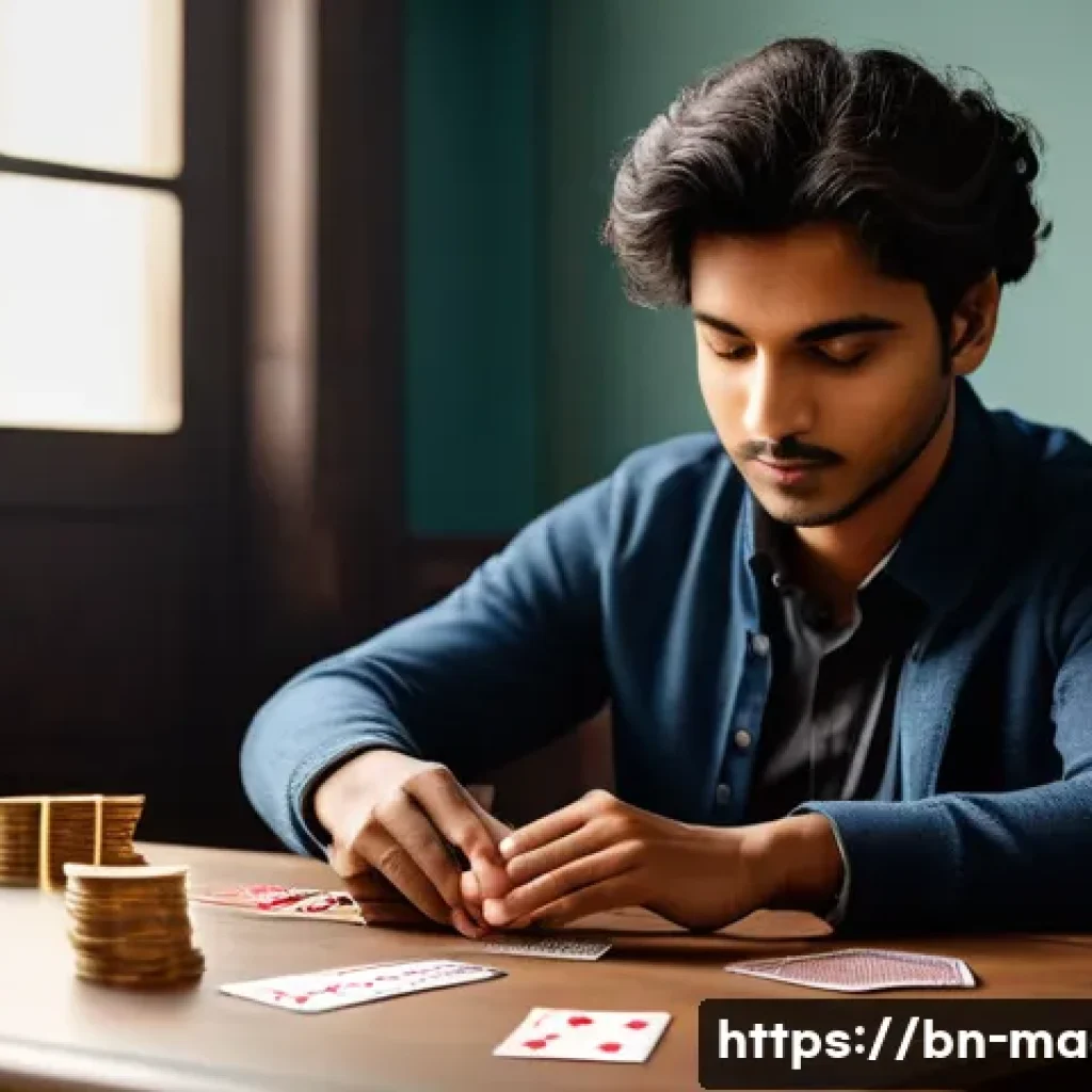 마술 연습 팁 - A focused young Bengali magician practicing card tricks indoors, wearing casual clothes, carefully s...