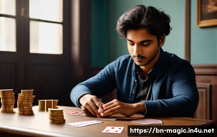 마술 연습 팁 - A focused young Bengali magician practicing card tricks indoors, wearing casual clothes, carefully s...
