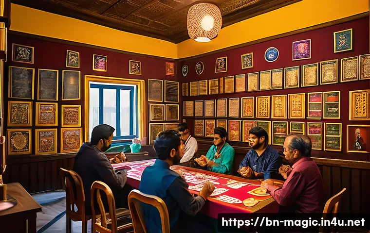마술 동호회 활동 - A vibrant scene inside a Bengali magic club room filled with diverse members practicing card tricks ...