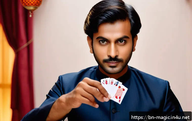 마술 마스터 클래스 - A detailed, realistic close-up image of a Bengali magician practicing card handling techniques indoo...
