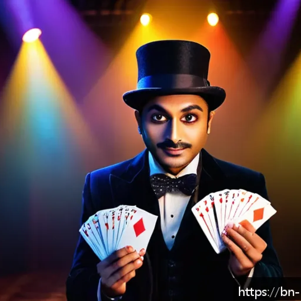 마술을 위한 장비와 도구 - A vibrant magic show scene featuring a magician wearing elegant gloves, skillfully performing card t...
