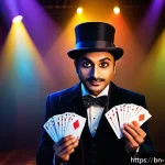 Home 22 마술을 위한 장비와 도구 - A vibrant magic show scene featuring a magician wearing elegant gloves, skillfully performing card t...