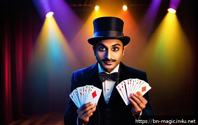 마술을 위한 장비와 도구 - A vibrant magic show scene featuring a magician wearing elegant gloves, skillfully performing card t...