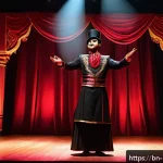 Home 21 마술 전용 무대 - A vibrant magic show stage illuminated with slow fading deep red lights creating an atmosphere of my...