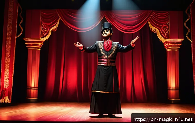 마술 전용 무대 - A vibrant magic show stage illuminated with slow fading deep red lights creating an atmosphere of my...