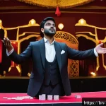 Home 20 마술쇼 기획 - A professional magician performing a card trick on stage, wearing elegant attire including a black s...