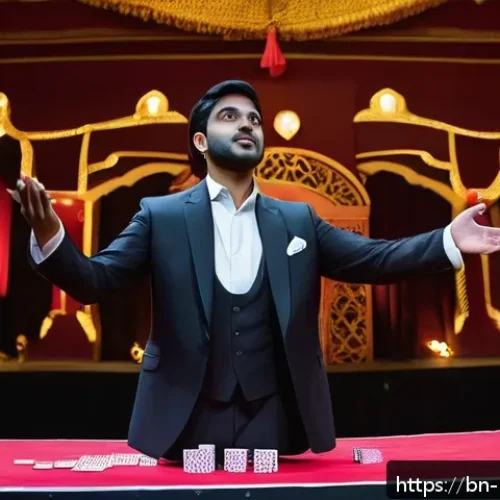Home 32 마술쇼 기획 - A professional magician performing a card trick on stage, wearing elegant attire including a black s...