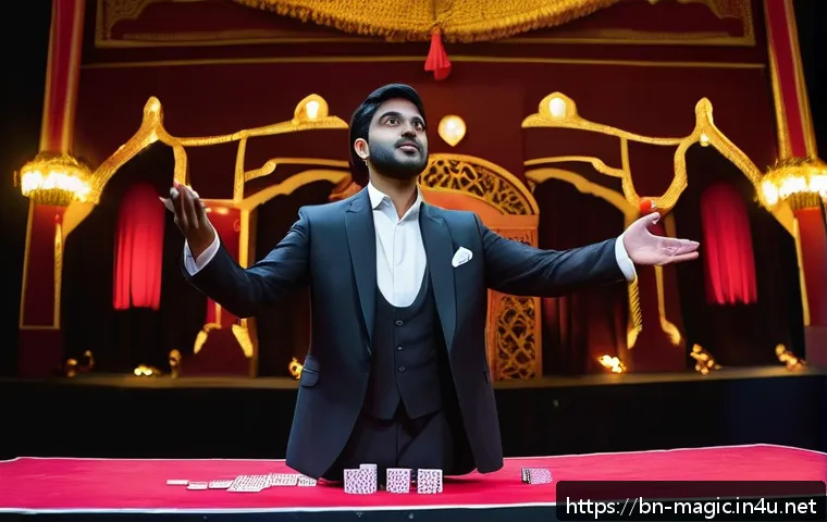 마술쇼 기획 - A professional magician performing a card trick on stage, wearing elegant attire including a black s...
