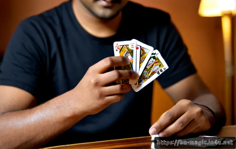 마술을 더 잘하는 방법 - Photorealistic close-up of a focused amateur magician practicing a card flourish at a clean wooden t...