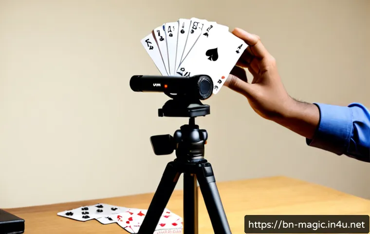 마술 동영상 강의 - Photorealistic Bengali magic instructor filming an online lesson at a clean wooden desk, performing ...