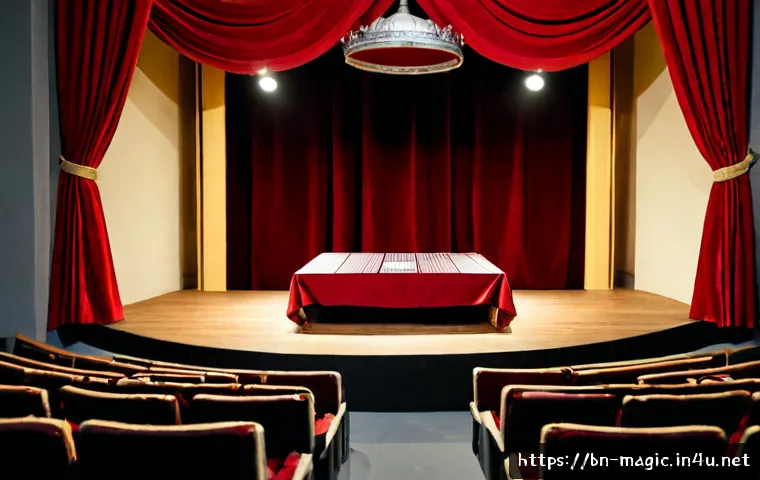 마술을 위한 장소와 무대 - Photorealistic elegant magic theater stage in a Bengali cultural venue, deep red velvet curtains fra...